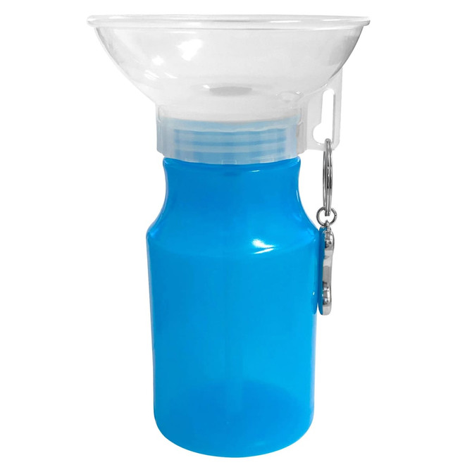 A drink bottle in a vibrant blue with a clear funnel attachment and a clip for easy carrying. It has a logo.
