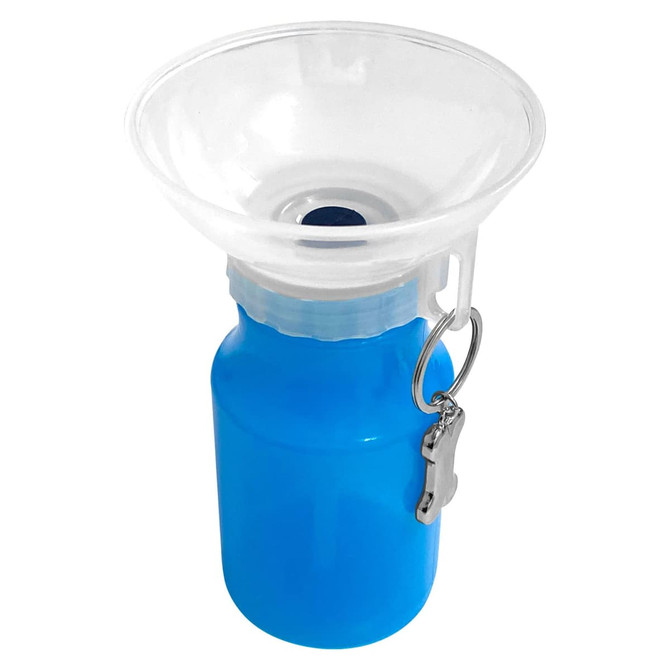 A drink bottle in bright blue with a clear funnel top, featuring a metal clip for attachment.