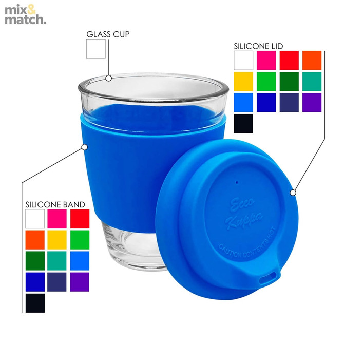 A glass coffee cup with a blue silicone band and lid, featuring a logo on the lid.