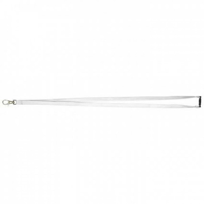 A white lanyard with a hook attachment and a branding logo, ideal for exhibitions and events.