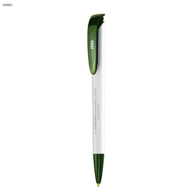 A plastic pen featuring a green top and white barrel, with a clip and branding on the barrel.
