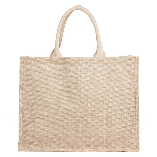 A natural jute bag in beige with two handles and a simple, unadorned design.