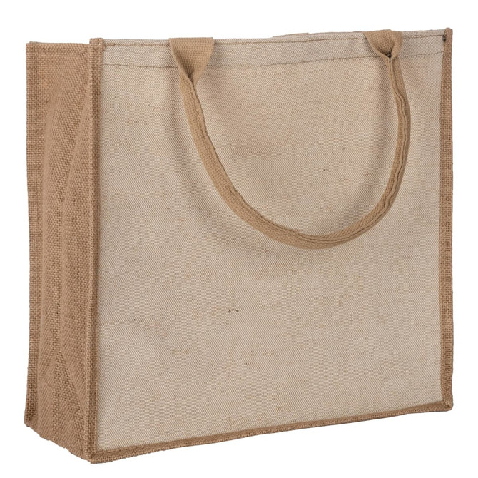 A reusable grocery bag in natural jute with tan handles and a simple design. It features a branding logo.