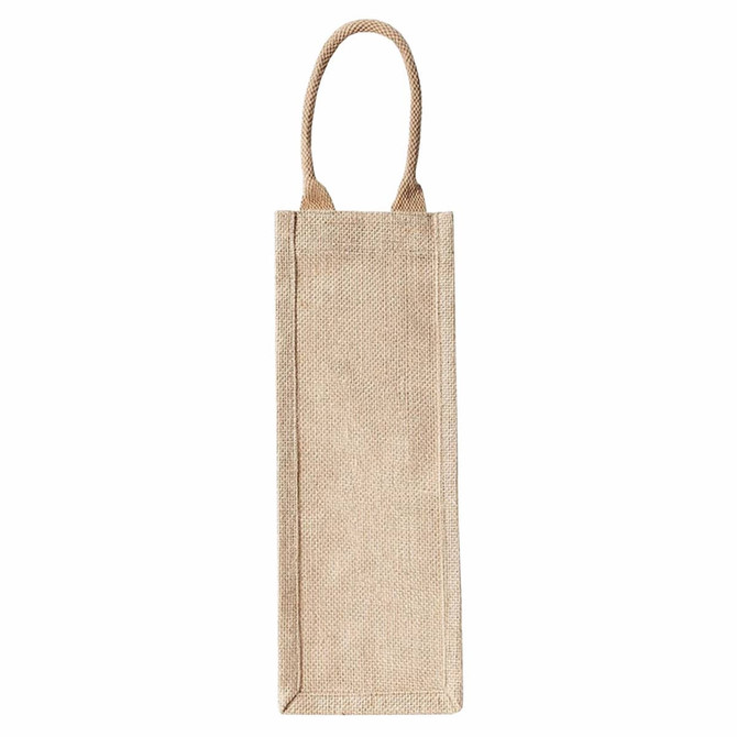 A jute wine carrier in a natural beige colour with two handles. It features a simple design and has a logo.