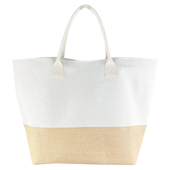 A large tote bag featuring a white canvas upper and a natural jute lower section, with sturdy handles.