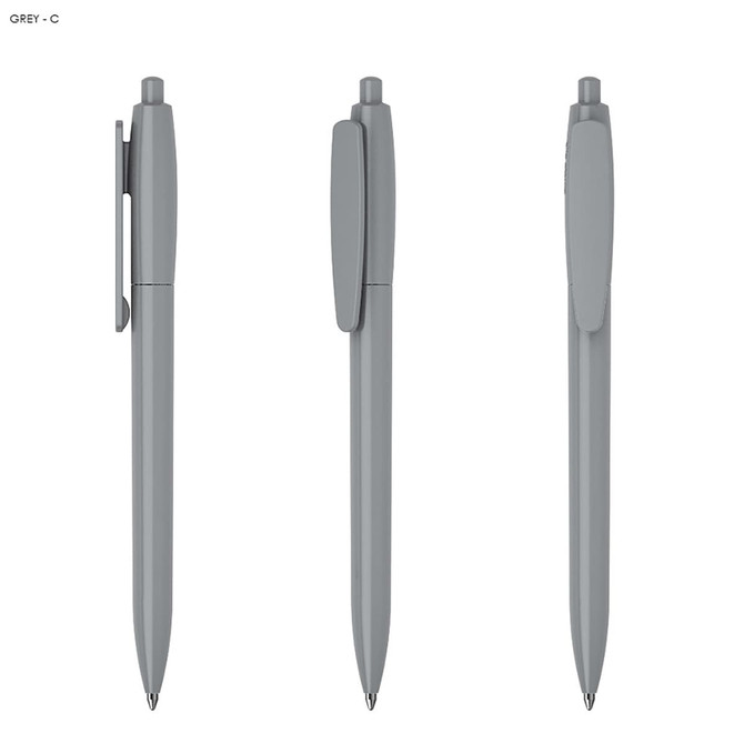 A grey plastic pen featuring a clip and smooth design, displayed from three angles. The pen has a branding logo.