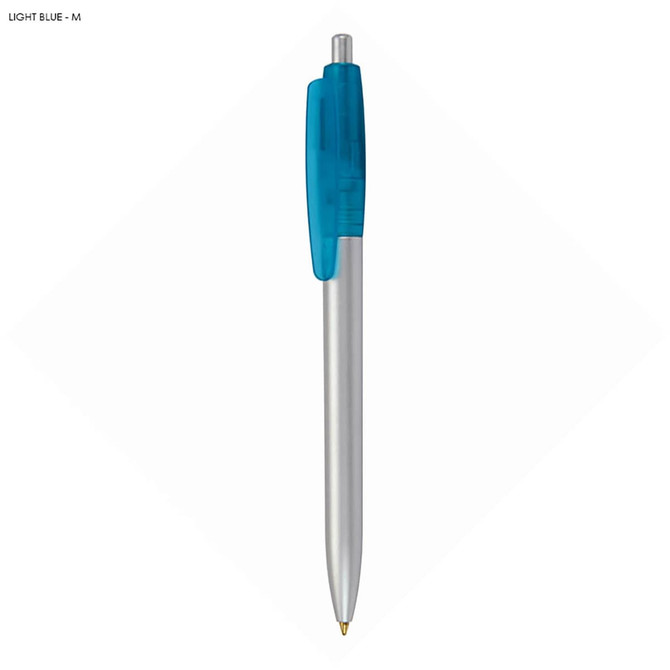 A light blue plastic pen with a clear blue grip and a silver barrel, featuring a brand logo.