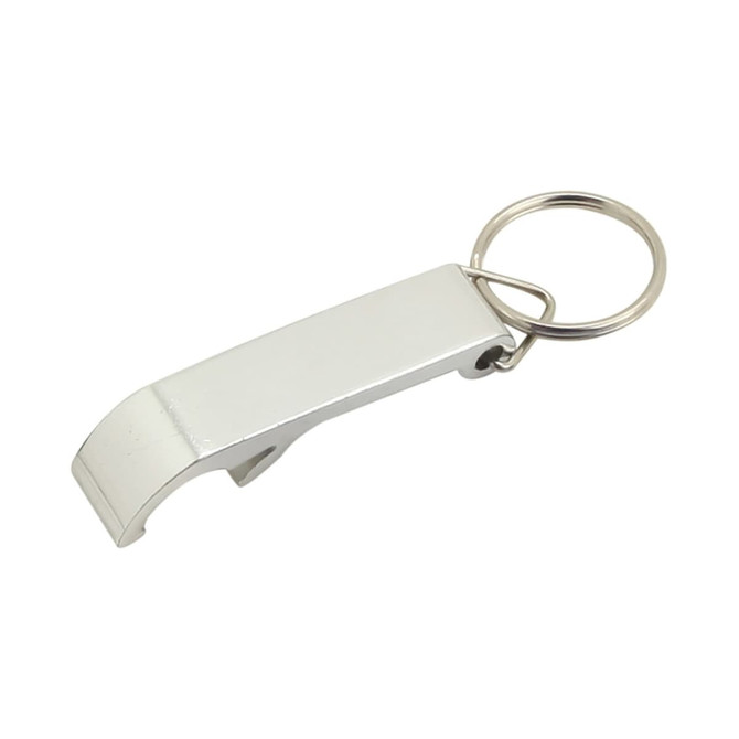 A drink bottle opener key ring in silver metal, featuring a circular key ring attachment and a simple design.