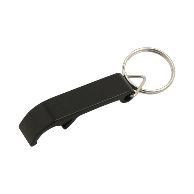 A drink bottle opener key ring in black, featuring a simple design and a metal key ring attachment.