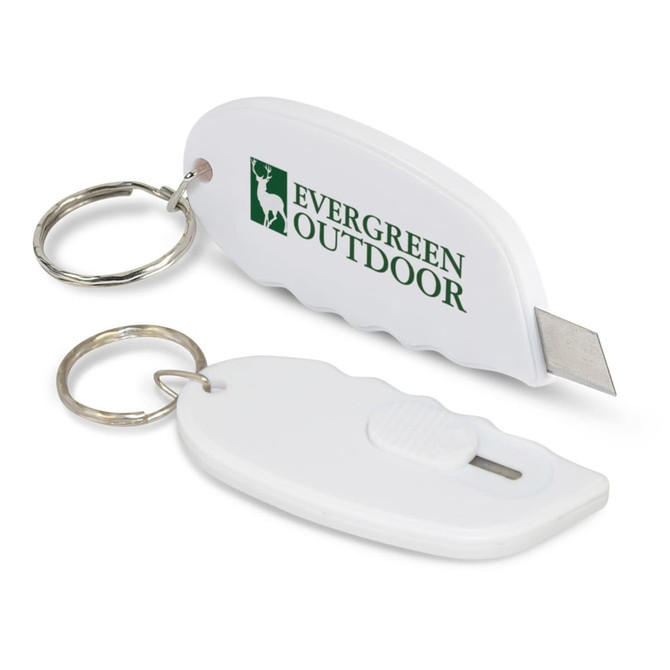 A Mini Cutter Key Ring featuring a retractable blade and a keychain attachment, branded with the Evergreen Outdoor logo.