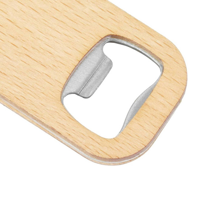 A drink bottle opener key ring made of bamboo with a stainless steel opener, featuring a natural wood finish.