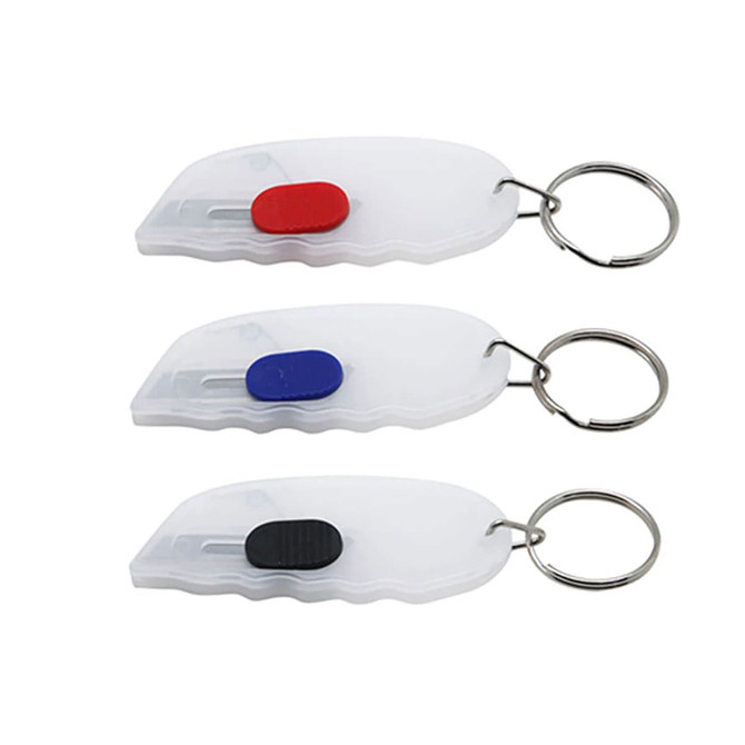 A set of three Mini Cutter Key Rings in white, featuring red, blue, and black buttons, attached to metal key rings.