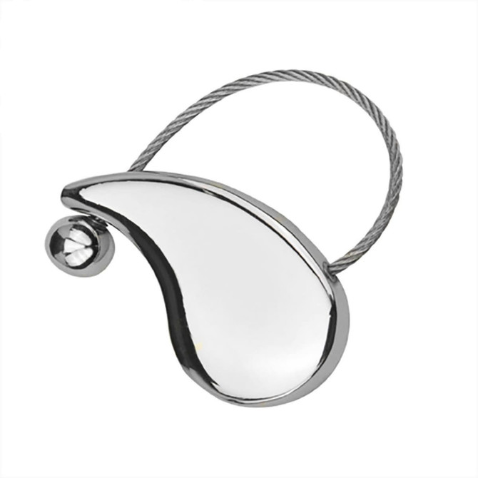 A shiny silver key ring featuring a curved design and a metal ball, attached with a wire loop.