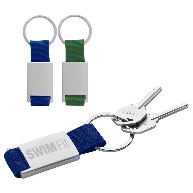 Two keyrings in blue and green with a metal tag, one attached to keys. Each features a branding logo.