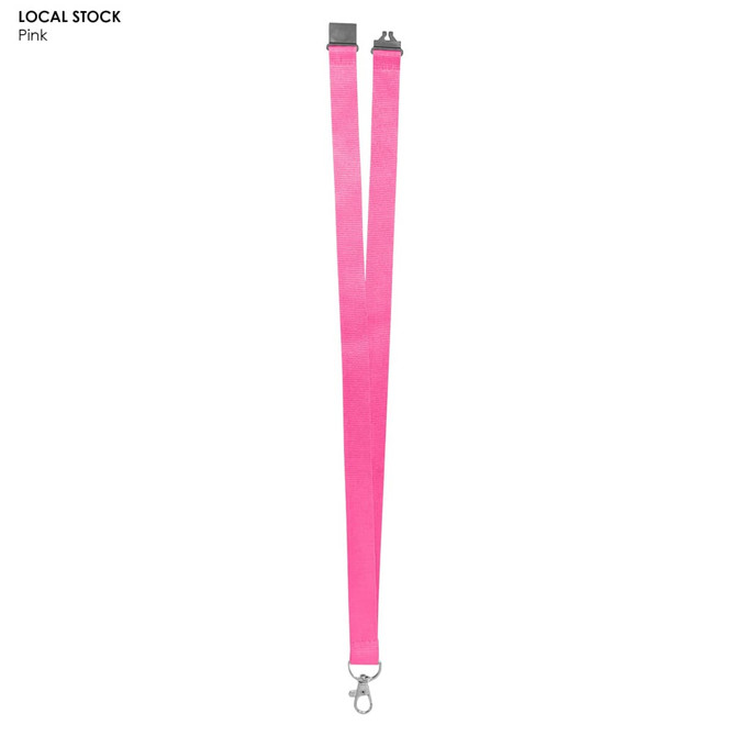 A pink polyester lanyard, 20mm wide, featuring a clip and a branded logo. Suitable for exhibitions and events.