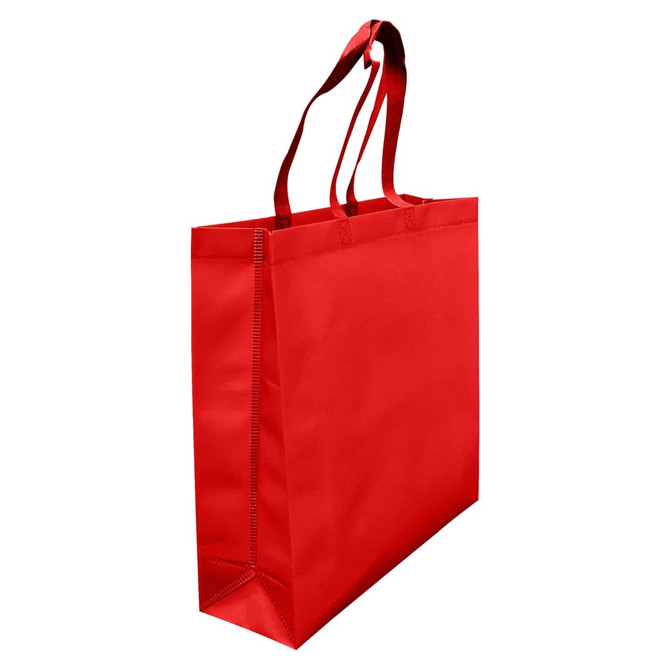 A red laminated non-woven tote bag with large gusset and two handles, featuring a logo.