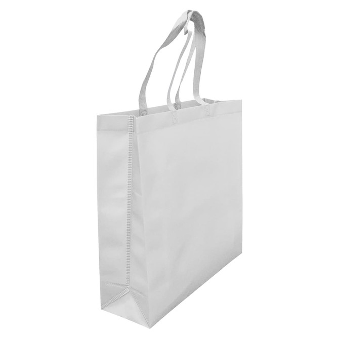 A large, gusseted tote bag in white, featuring dual handles and a logo on the side.