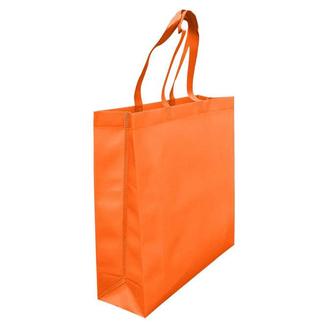 An orange laminated non-woven tote bag with large gussets and handles, featuring a logo.