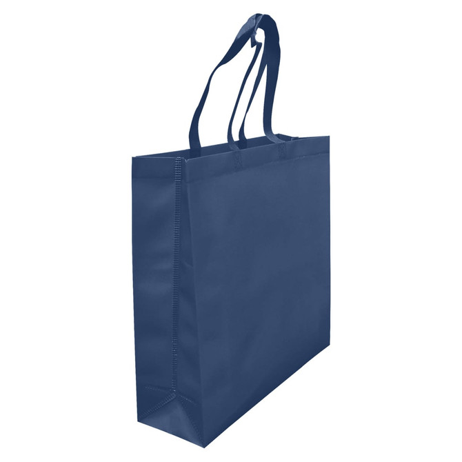 A navy blue laminated non-woven tote bag with a large gusset and dual handles, featuring a logo.