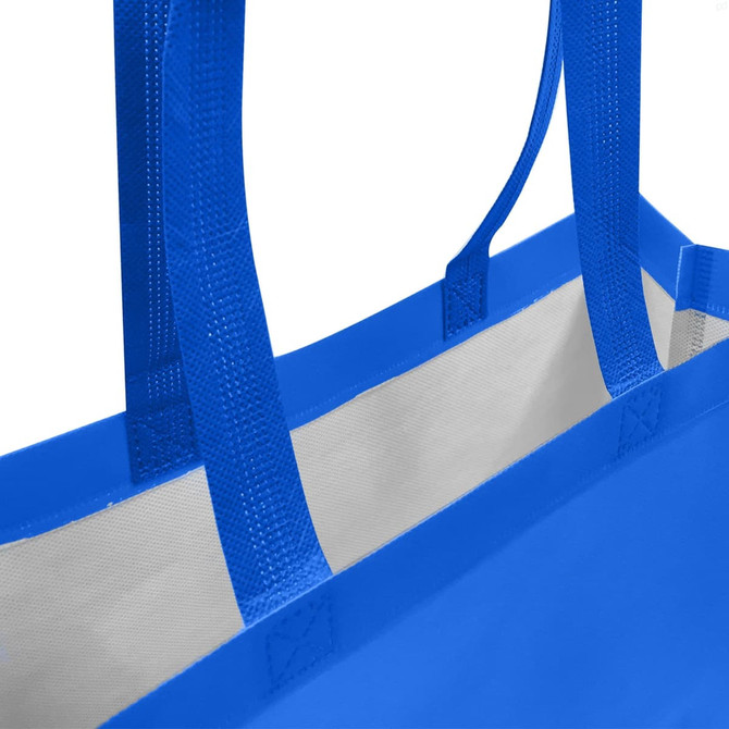 A blue laminated non-woven trade show bag with two handles and a white interior. Features branding.