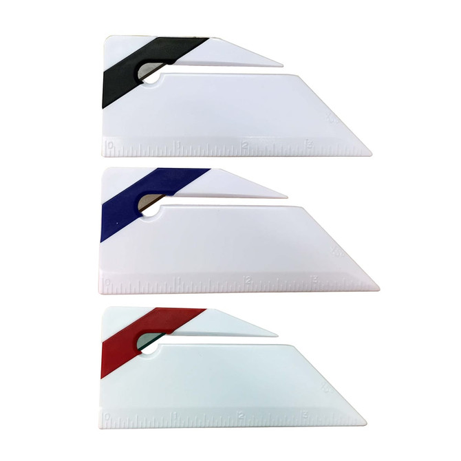 A set of three letter openers in white with black, purple, and red stripes, featuring ruler markings and a logo.