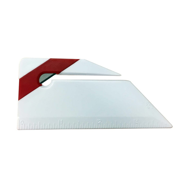 A white letter opener shaped like a ruler with a red accent, featuring a cutting edge and measurement markings.