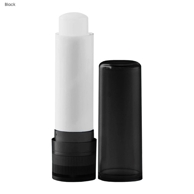 A lip balm stick with a white body and a black cap, featuring a simple design and a logo.