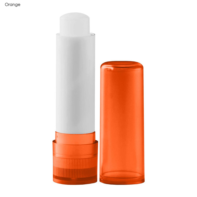 An orange lip balm stick with a white balm and a clear orange cap. The product has a branding logo.