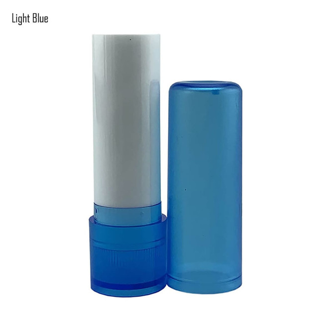 A light blue lip balm stick with a removable cap, showcasing its smooth cylindrical design.