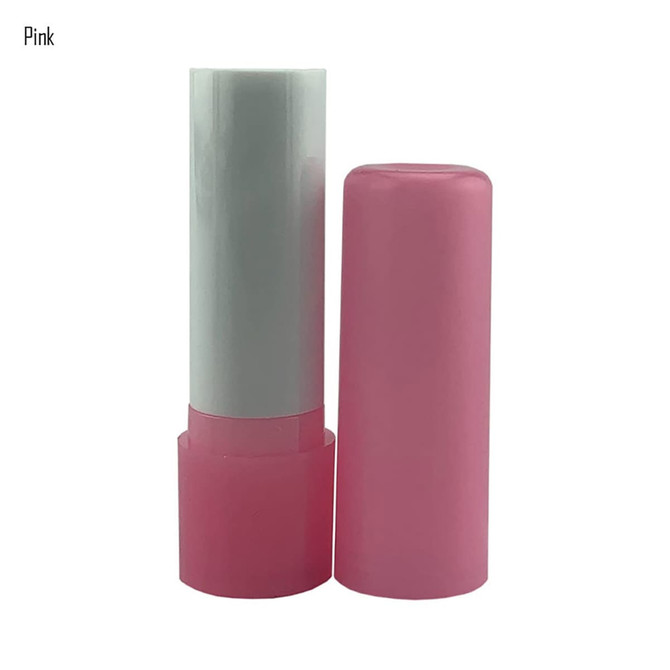 A pink lip balm stick with a white top, featuring a simple design and a logo on the packaging.