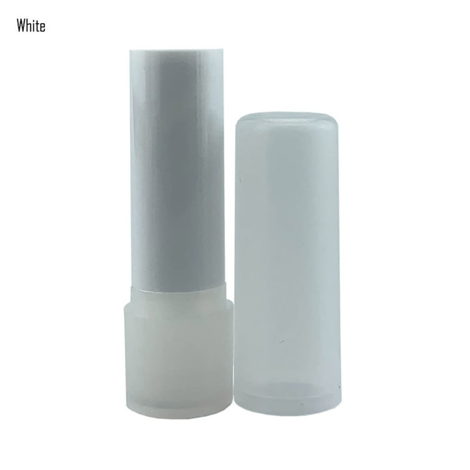 A white lip balm stick in a clear, cylindrical tube with a removable cap, featuring a simple logo.