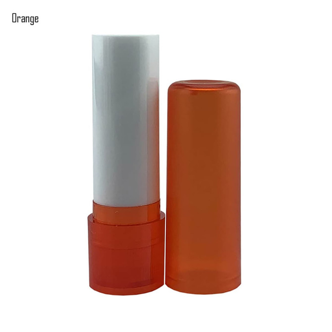 An orange lip balm stick with a clear plastic cap and a white balm core. It features a logo on the container.