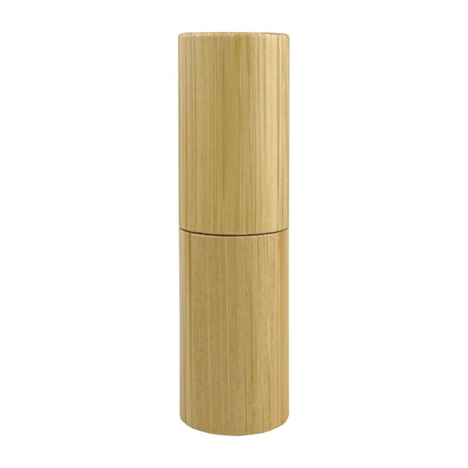 A cylindrical bamboo lip balm stick with a natural finish. It features a simple design and a logo.
