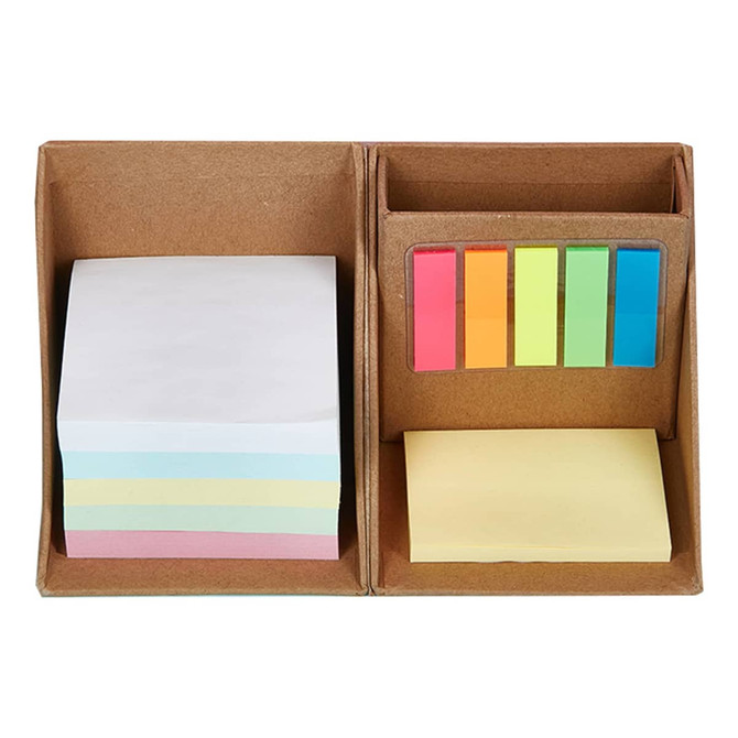 A memo holder with sticky notes in pastel colours, featuring a compartment for colourful flags and a branded logo.