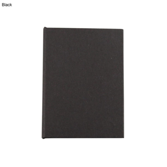 A black mini sticky note pad with a plain cover, suitable for office use. It has a logo on the front.