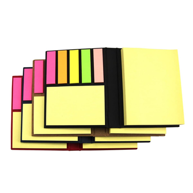 A collection of sticky note pads in various colours, including yellow, pink, green, orange, and neutral tones, with a black cover.