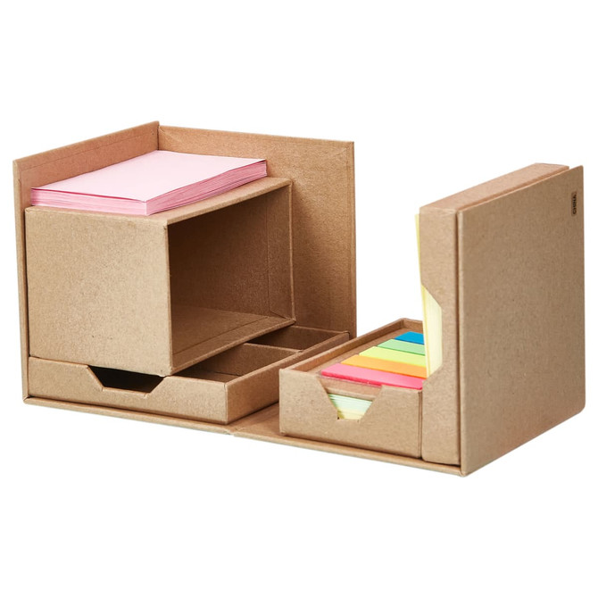 A desk organiser featuring a brown cardboard design with compartments for sticky notes in pink and assorted colours.