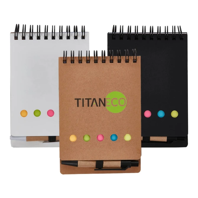 A set of three notepads in white, black, and brown, featuring colourful sticky notes and a pen. Each pad has a logo.