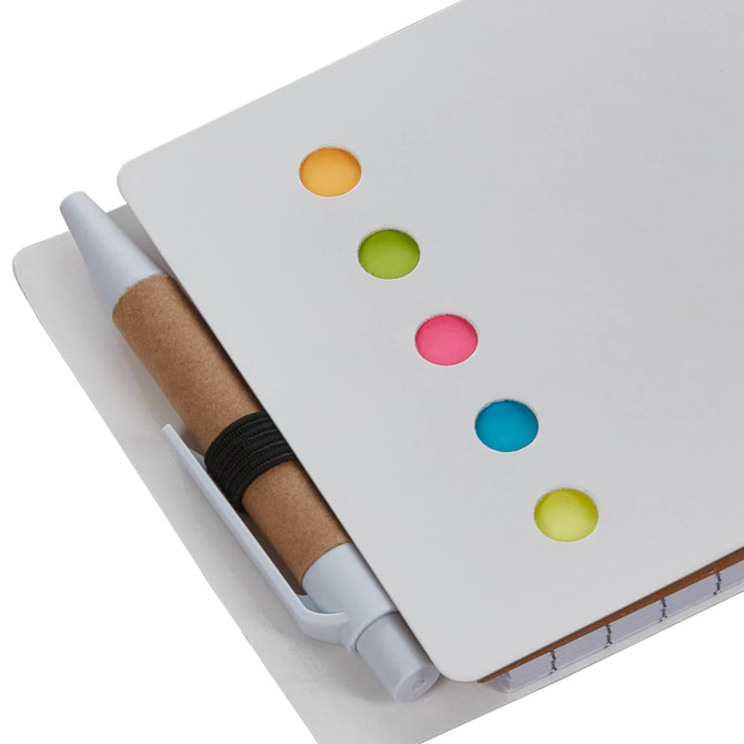 A sticky note pad in white with colourful dots and a pen secured to the side. Features a logo on the cover.