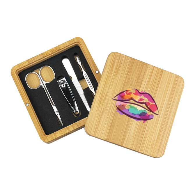 A bamboo manicure set featuring stainless steel tools and a colourful lip design on the case.