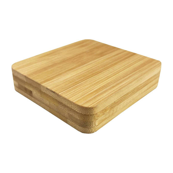 A bamboo manicure set with a smooth, natural finish, featuring a square case design. It includes various nail care tools.