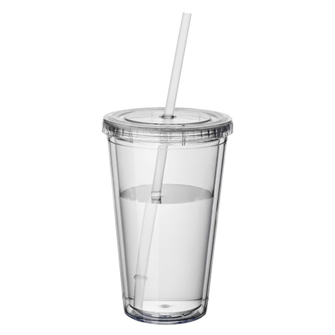 A clear plastic tumbler with a lid and straw, filled with water. The tumbler features a logo.