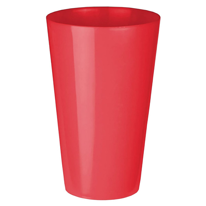 A red plastic cup with a smooth finish, featuring a simple design and a logo.