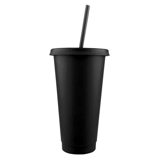 A black plastic tumbler with a fitted lid and straw, featuring a logo.