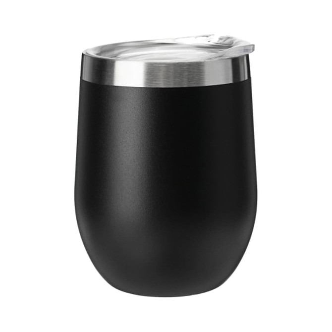 A black travel mug with a stainless steel lid, featuring a sleek, modern design and a logo.