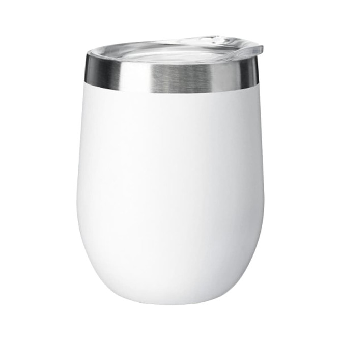 A white travel mug with a silver lid, featuring a sleek design and a logo on its surface.