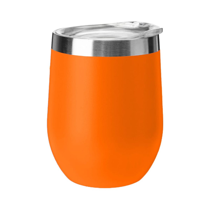 A drink bottle in vibrant orange with a stainless steel lid. It features a smooth surface and a rounded shape.