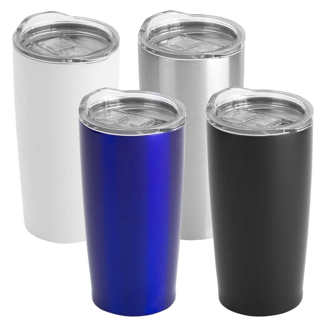 A drink bottle collection featuring four travel mugs in white, silver, blue, and black, each with a transparent lid and a logo.