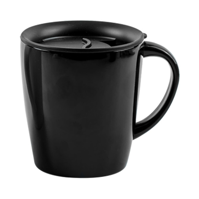 A black coffee mug with a lid and a handle, featuring a smooth, glossy finish. It has a branded logo.