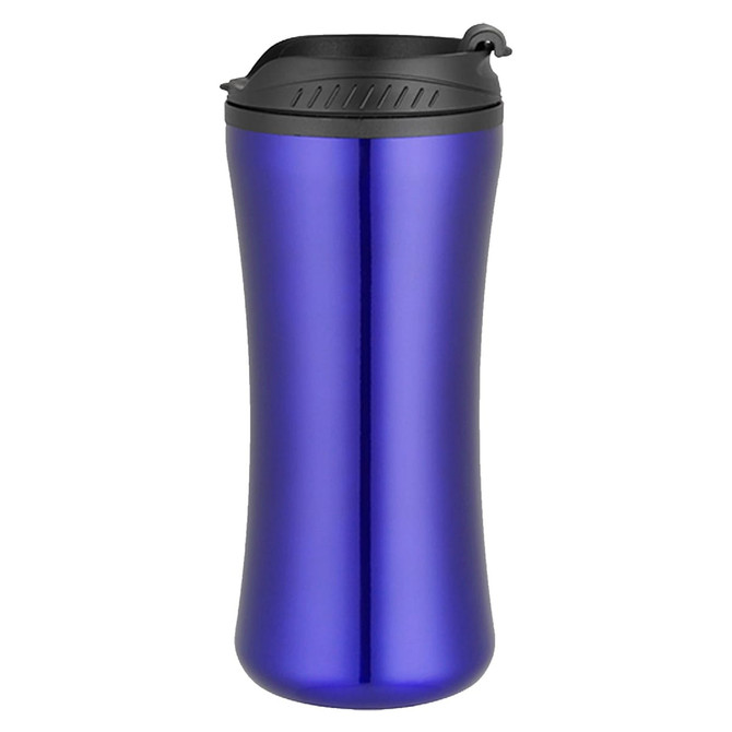 A travel mug in vibrant blue with a black lid and a sleek, ergonomic design. It features a logo on the side.